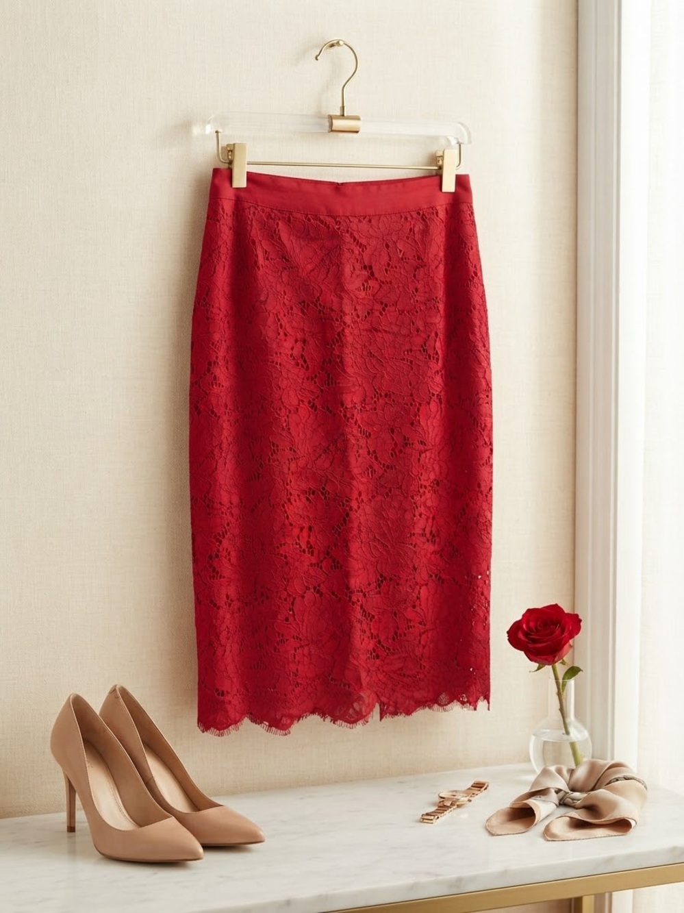H&M Red Lace Pencil Skirt